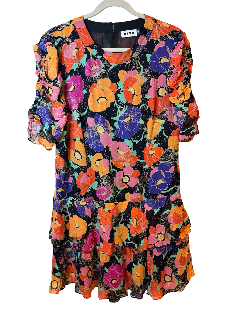 RIXO Dion Glitter Floral Print Georgette Mini Dress Ruched Sleeve Boho London XL - Picture 2 of 12
